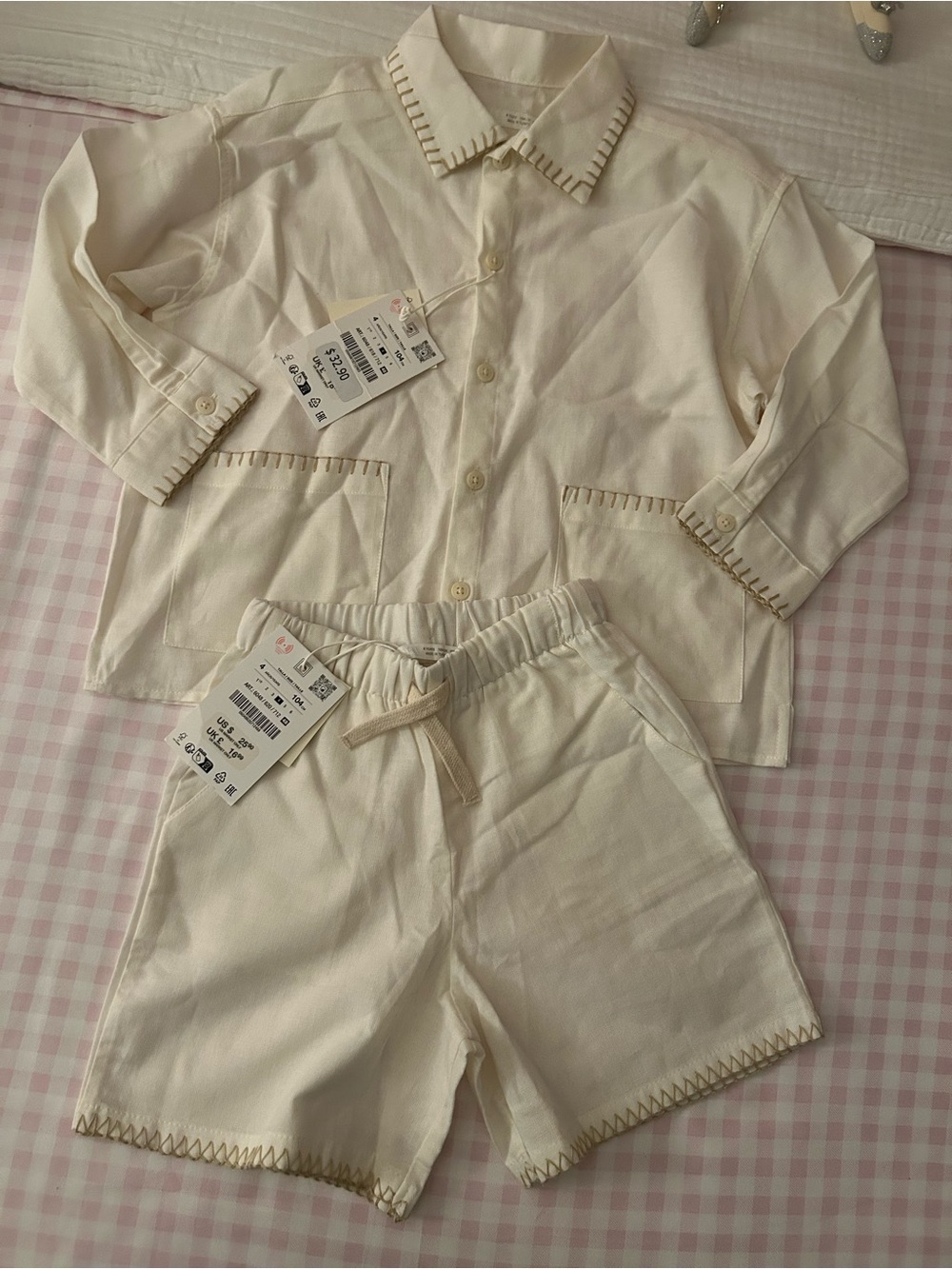 Zara Cream Two-Piece Button Pajama Set with Contrast Stitch I